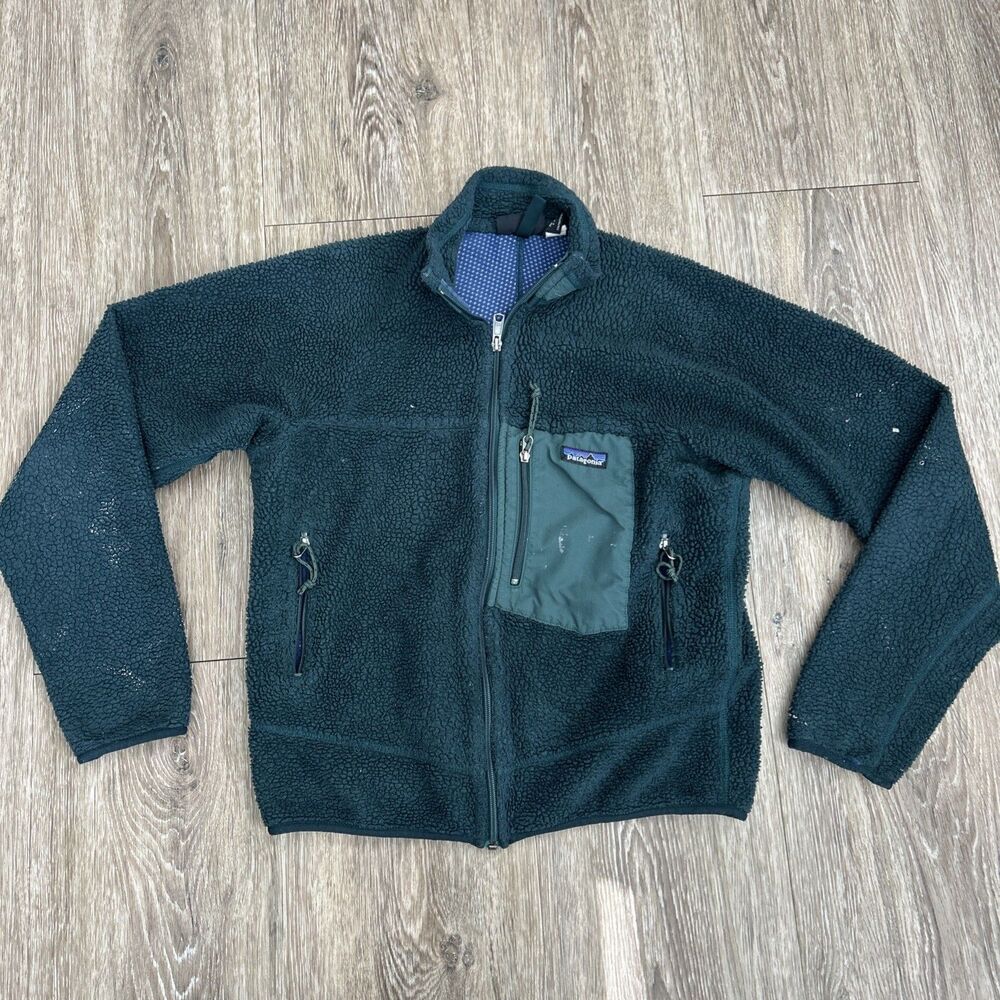 90s Patagonia Deep Pile Fleece Zipup Pine Green Made in USA Flaws Sz S Vtg Fa99